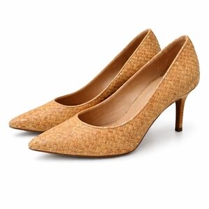 Donald J Pliner Carrie Woven Cork Leather Pumps Tan Pointed Toe Stiletto Italy 8